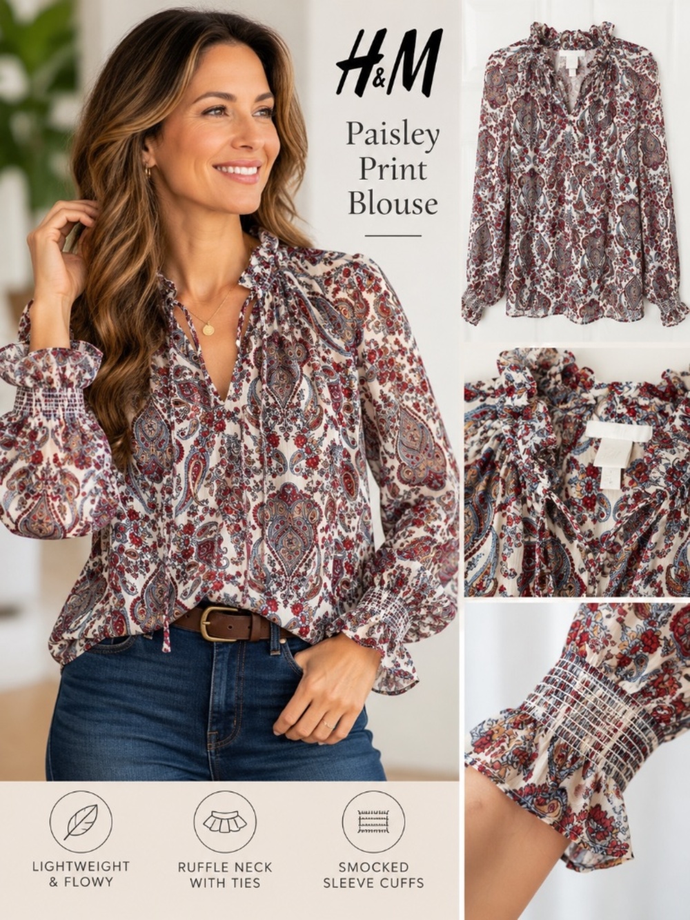 H&M Paisley Print Boho Blouse | Size 2 | Ruffle Neck & Smocked Cuffs